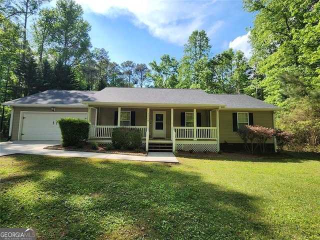 single story home with a garage, covered porch, driveway, and a front lawn