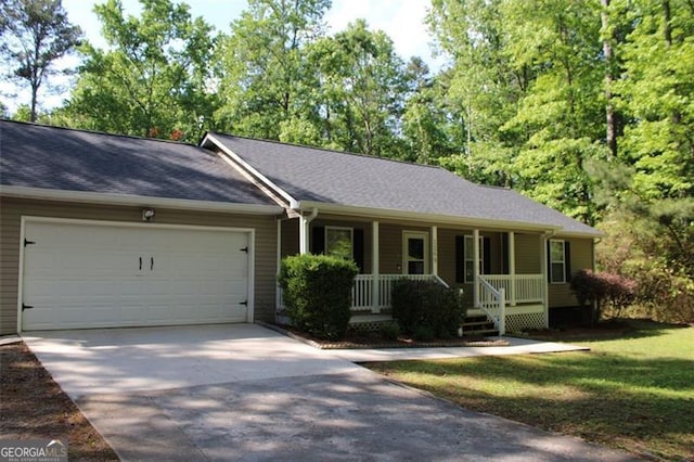 single story home with an attached garage, roof with shingles, covered porch, and driveway