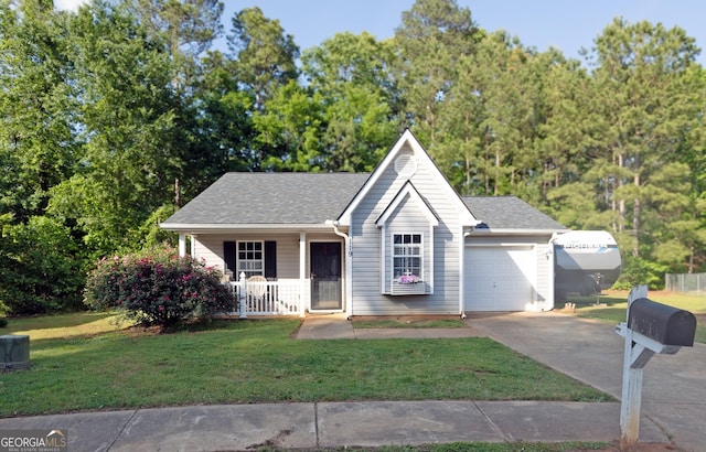 view of front of home featuring a porch, a front yard, roof with shingles, concrete driveway, and an attached garage