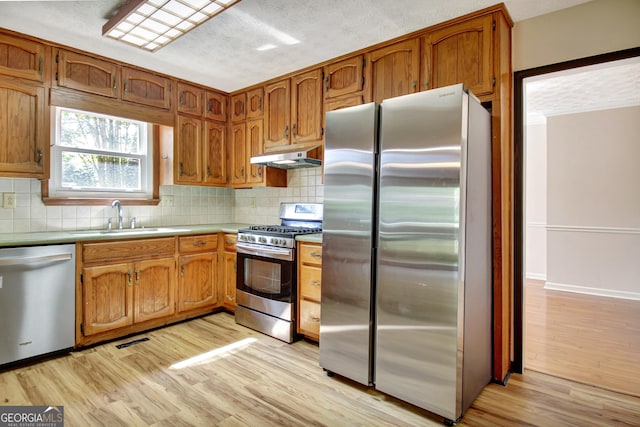 kitchen with a sink, light countertops, light wood-style flooring, stainless steel appliances, and tasteful backsplash