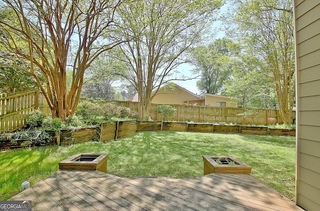 view of yard featuring a fenced backyard and a deck