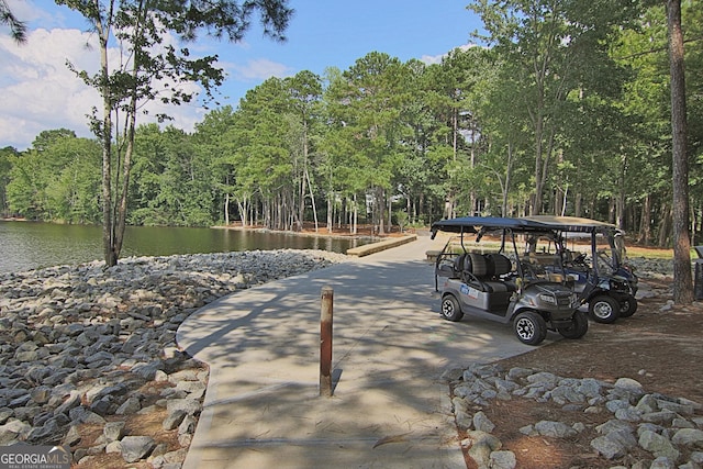 view of home's community with a water view and a view of trees