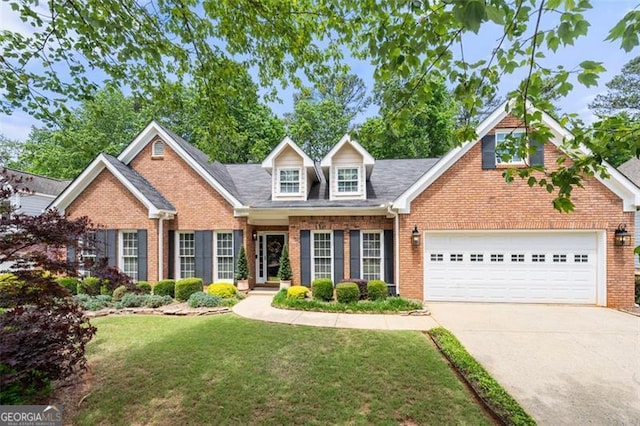 view of front facade featuring a garage, concrete driveway, a front lawn, and brick siding