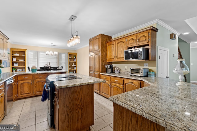 kitchen featuring crown molding, a toaster, black microwave, electric stove, and light tile patterned floors