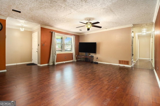 1239 Sharonton Dr, Stone Mountain, GA 30083 - unfurnished living room featuring ceiling fan, dark wood-type flooring, baseboards, crown molding, and a textured ceiling