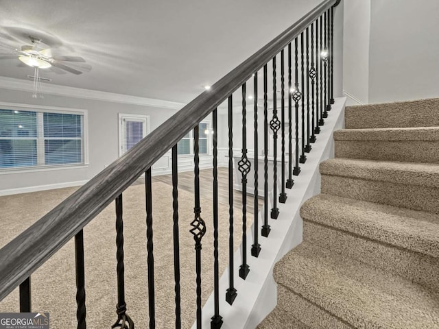 5291 Tuscany Dr, Douglasville, GA 30135 - stairway with crown molding, ceiling fan, and carpet flooring