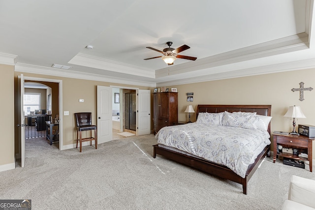2225 Independence Ln, Buford, GA 30519 - bedroom with a raised ceiling, crown molding, light carpet, arched walkways, and ceiling fan