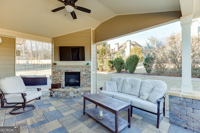 2225 Independence Ln, Buford, GA 30519 - view of patio / terrace with ceiling fan and an outdoor living space with a fireplace