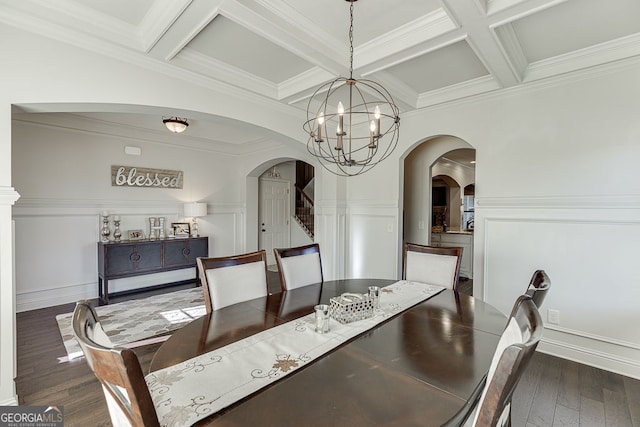 2225 Independence Ln, Buford, GA 30519 - dining area with arched walkways, stairs, a chandelier, coffered ceiling, and beam ceiling
