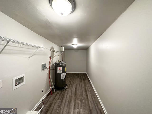 laundry room featuring electric dryer hookup, wood finished floors, baseboards, hookup for a washing machine, and water heater