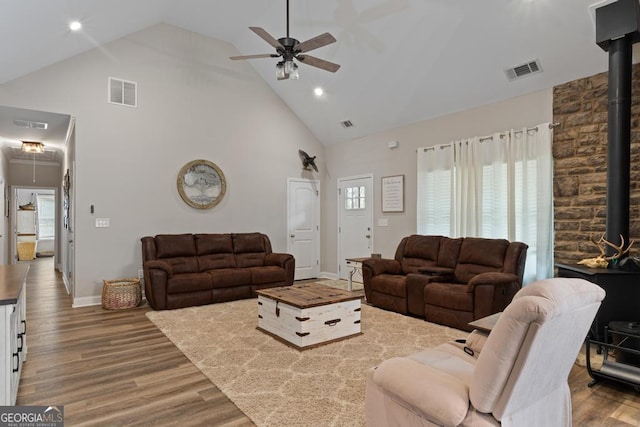 291 Higgins Rd, Flovilla, GA 30216 - living area with high vaulted ceiling, a ceiling fan, wood finished floors, and visible vents