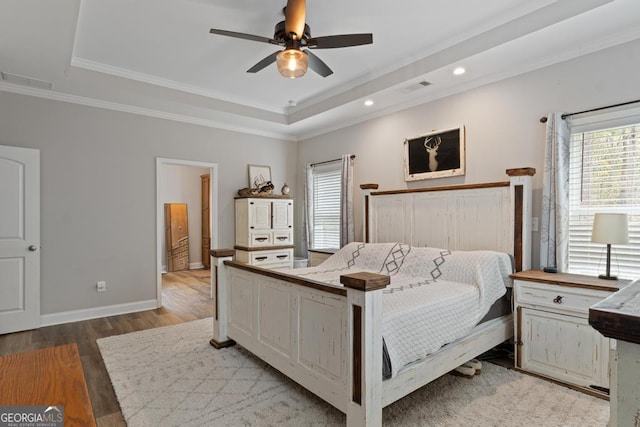 291 Higgins Rd, Flovilla, GA 30216 - bedroom with light wood-style floors, ornamental molding, a raised ceiling, and multiple windows