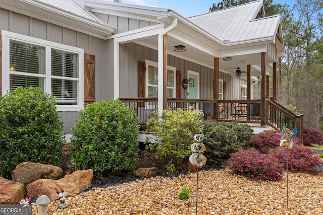 291 Higgins Rd, Flovilla, GA 30216 - property entrance with a porch, a ceiling fan, board and batten siding, and metal roof
