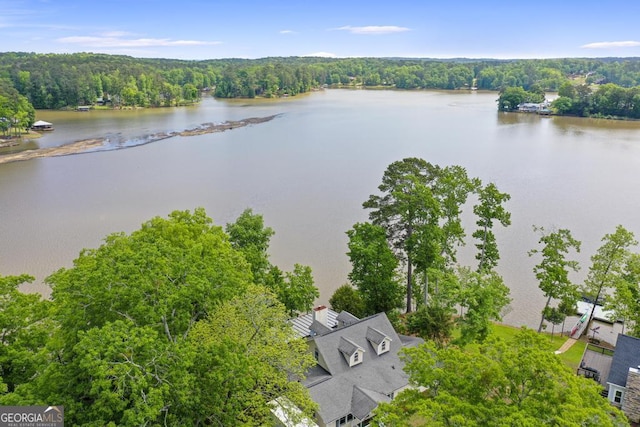 aerial view with a water view and a wooded view