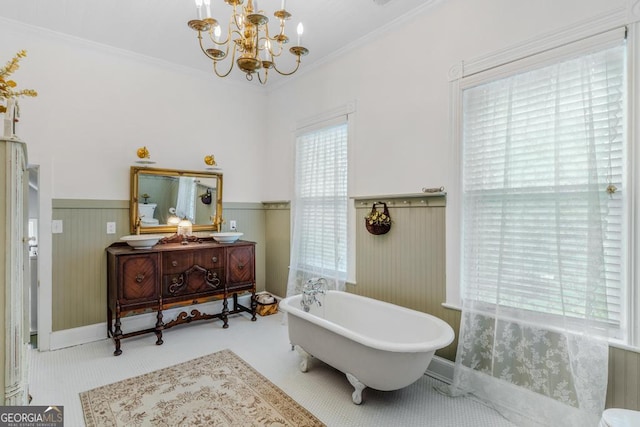29 Indian Creek Rd, Locust Grove, GA 30248 - bathroom featuring vanity, ornamental molding, a freestanding tub, wainscoting, and a chandelier