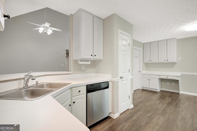 kitchen with ceiling fan, a sink, dark wood-type flooring, and dishwasher
