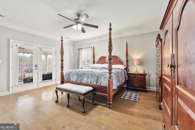 bedroom with access to outside, ornamental molding, wood finished floors, french doors, and baseboards