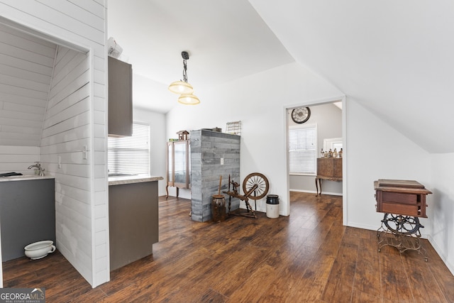interior space featuring lofted ceiling, dark wood finished floors, and baseboards