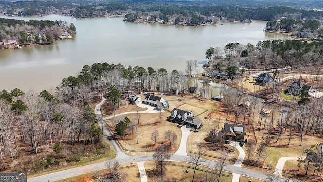 aerial view of property's location featuring a nearby body of water and a forest