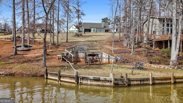 dock area with a deck with water view