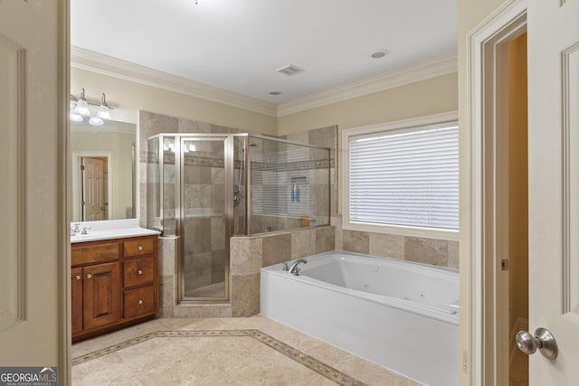 bathroom with crown molding, tile patterned flooring, vanity, a jetted tub, and a stall shower