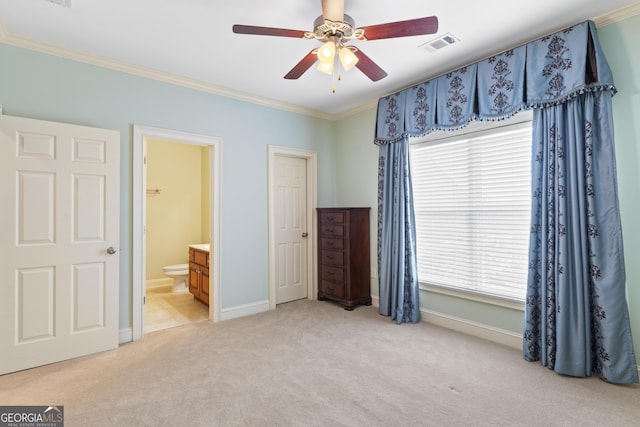 unfurnished bedroom with ornamental molding, multiple windows, visible vents, and light colored carpet