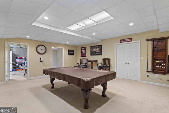 recreation room featuring carpet floors, baseboards, recessed lighting, and billiards