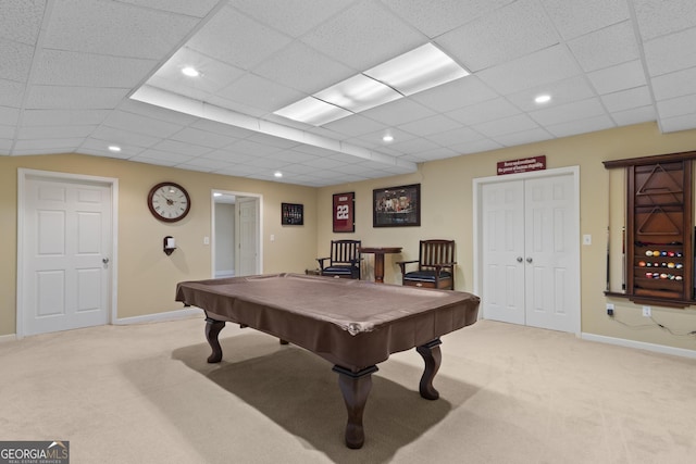 rec room with carpet floors, billiards, baseboards, and recessed lighting
