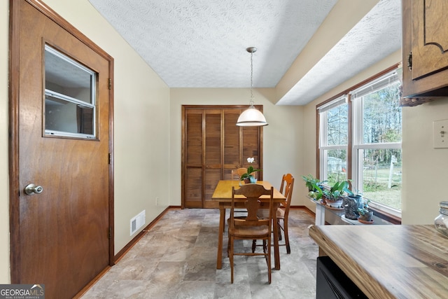 dining room featuring baseboards, stone finish floor, a textured ceiling, and visible vents