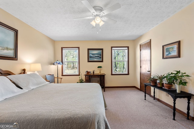 bedroom featuring baseboards, multiple windows, a textured ceiling, and light colored carpet