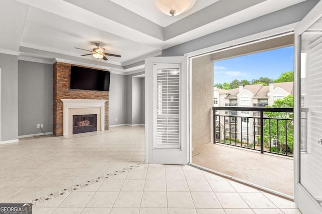 1502 River Green Dr NW Unit 1502, Atlanta, GA 30327 - unfurnished living room with crown molding, tile patterned flooring, a fireplace, a ceiling fan, and baseboards