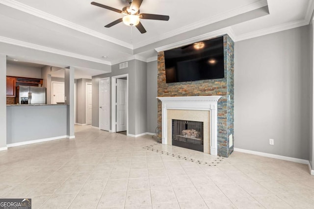 1502 River Green Dr NW Unit 1502, Atlanta, GA 30327 - unfurnished living room with light tile patterned floors, baseboards, a fireplace, and a ceiling fan