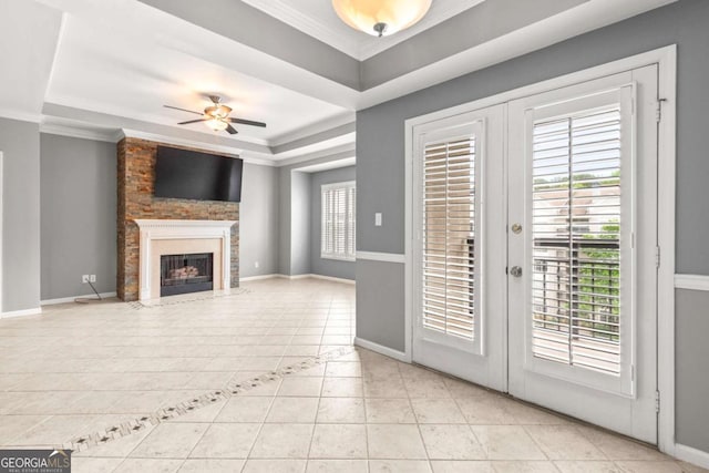 1502 River Green Dr NW Unit 1502, Atlanta, GA 30327 - interior space featuring a ceiling fan, french doors, tile patterned flooring, baseboards, and a tray ceiling