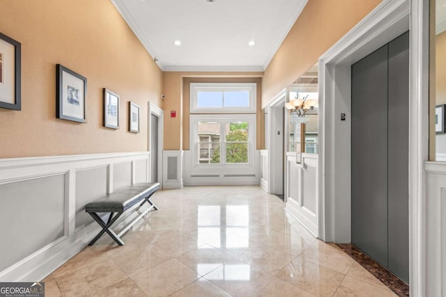 1502 River Green Dr NW Unit 1502, Atlanta, GA 30327 - doorway with a decorative wall, elevator, a chandelier, a wainscoted wall, and ornamental molding