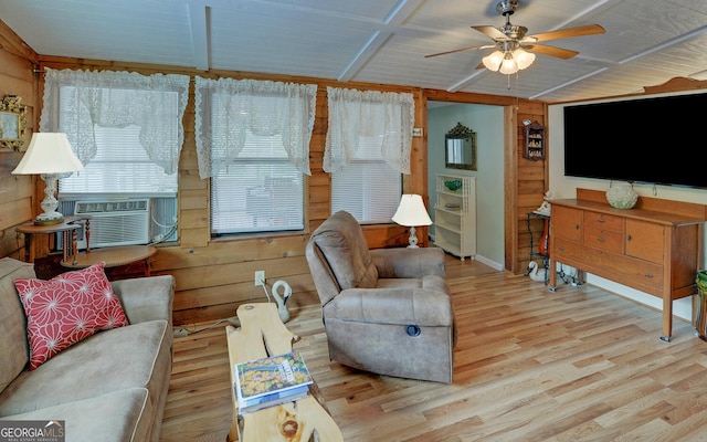 76 Periwinkle Ln, Cleveland, GA 30528 - living room with wooden walls, cooling unit, a ceiling fan, and wood finished floors