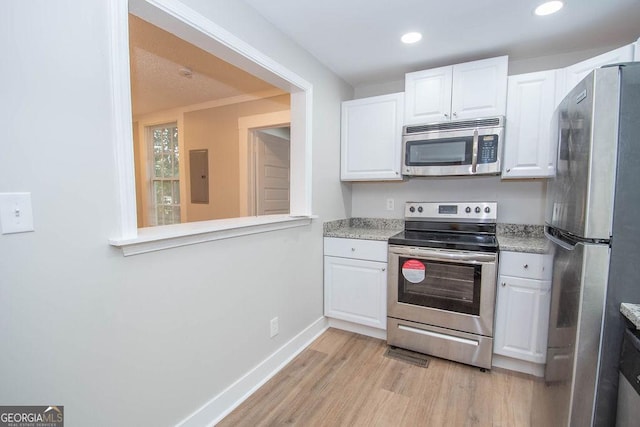 kitchen featuring white cabinets, appliances with stainless steel finishes, light wood finished floors, baseboards, and electric panel