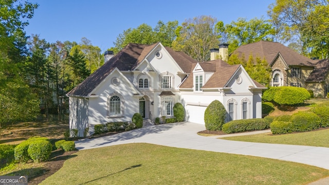 5685 Commons Ln, Alpharetta, GA 30005 - french country home with concrete driveway, a chimney, and stucco siding