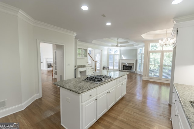 5685 Commons Ln, Alpharetta, GA 30005 - kitchen featuring ornamental molding, ceiling fan with notable chandelier, a fireplace, and stainless steel gas stovetop