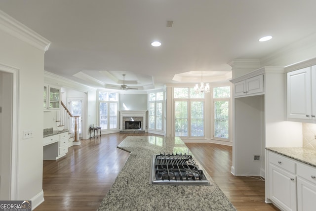 5685 Commons Ln, Alpharetta, GA 30005 - kitchen with a raised ceiling, a stone fireplace, ceiling fan with notable chandelier, stainless steel gas stovetop, and ornamental molding
