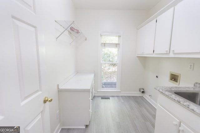 5685 Commons Ln, Alpharetta, GA 30005 - laundry room featuring baseboards, washer hookup, cabinet space, light wood finished floors, and hookup for an electric dryer