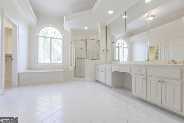 5685 Commons Ln, Alpharetta, GA 30005 - full bath with double vanity, a garden tub, crown molding, tile patterned flooring, and a shower stall