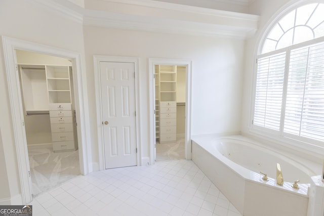 5685 Commons Ln, Alpharetta, GA 30005 - full bathroom with a tub with jets, crown molding, tile patterned floors, and a spacious closet