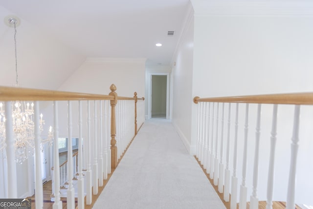 5685 Commons Ln, Alpharetta, GA 30005 - corridor with a chandelier, visible vents, ornamental molding, and recessed lighting