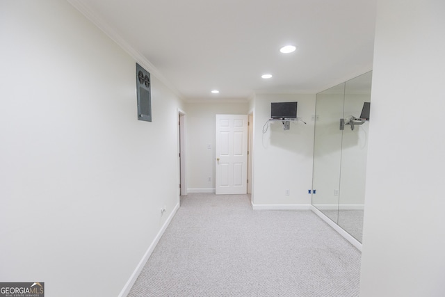 5685 Commons Ln, Alpharetta, GA 30005 - hallway featuring electric panel, light colored carpet, baseboards, ornamental molding, and recessed lighting