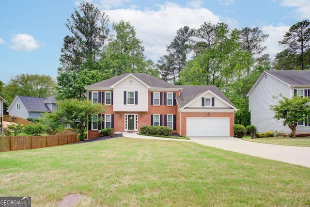 1812 Riverton Dr, Suwanee, GA 30024 - colonial inspired home featuring a front yard, a garage, brick siding, fence, and concrete driveway