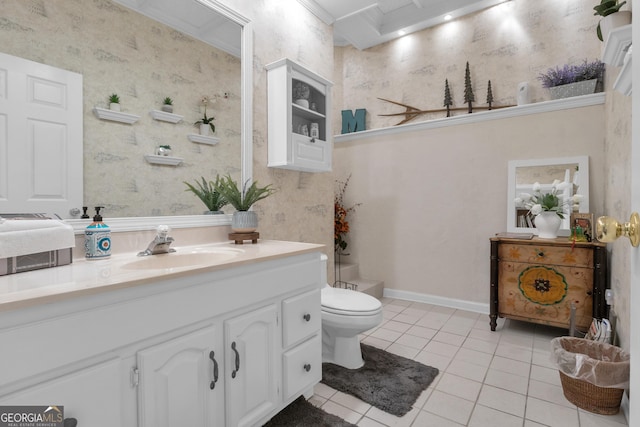 full bathroom featuring tile patterned floors, vanity, toilet, ornamental molding, and wallpapered walls