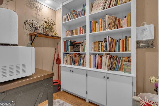 living area with light wood-type flooring and built in shelves