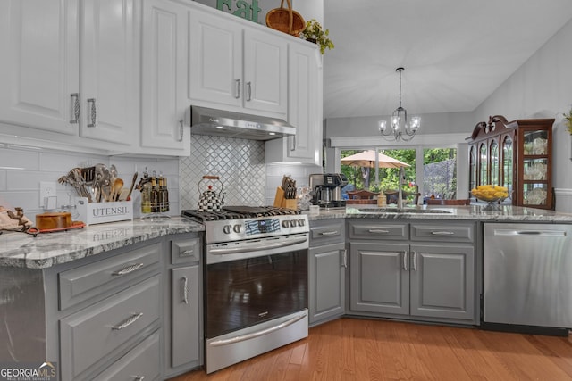 kitchen featuring gray cabinets, under cabinet range hood, tasteful backsplash, a sink, and stainless steel appliances