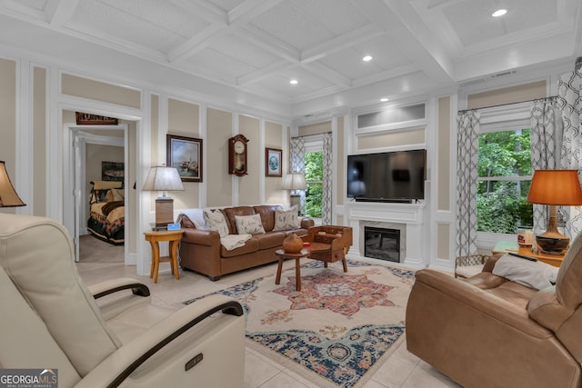 living room featuring a decorative wall, beam ceiling, coffered ceiling, recessed lighting, and a premium fireplace