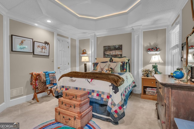 bedroom featuring decorative columns, visible vents, recessed lighting, and carpet